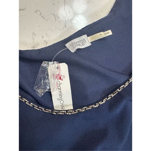 Charming Charlie Navy Blue Beaded Trim Cocktail Mini Sheath Dress Size Large NWT - Picture 6 of 7